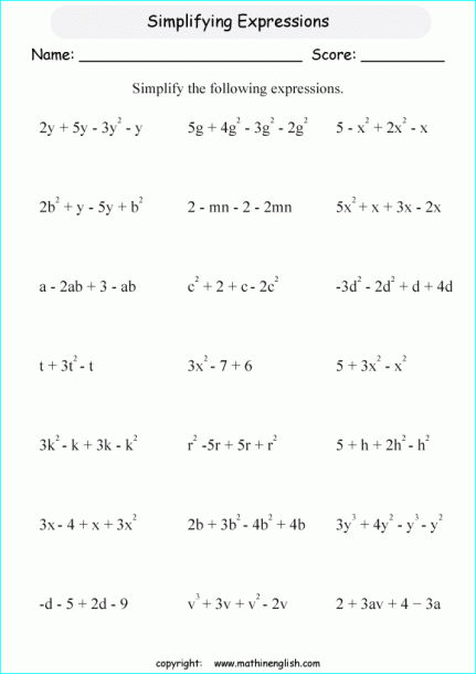 4 Terms Algebra Printable Grade 6 Math Worksheet