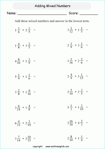 Add Mixed Numbers Fraction Printable Grade 6 Math Worksheet