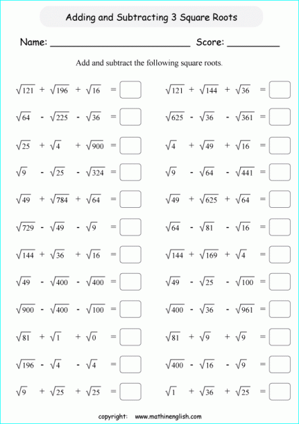 Add Subtract 2 Square Roots Printable Grade 6 Math Worksheet