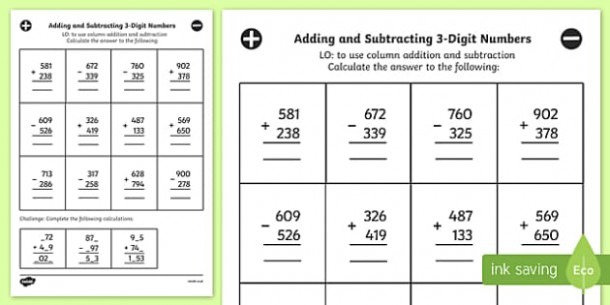 Adding Subtracting 3 Digit Numbers Column Mixed Worksheet Year 3