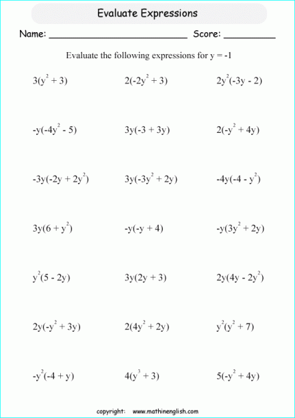 Evaluating Algebraic Expressions Worksheets