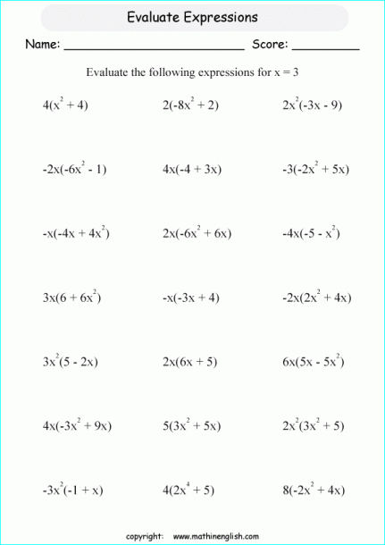 Algebra With Exponents Printable Grade 6 Math Worksheet