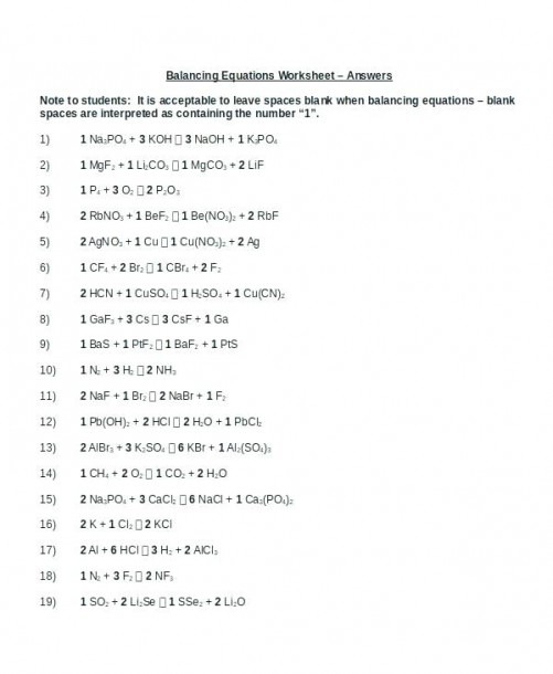 Balancing Equations Worksheet Answer Key