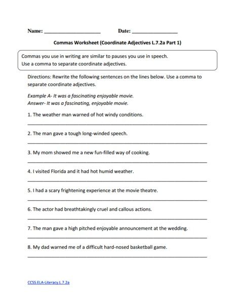 Commas Worksheet  Coordinate Adjectives L 7 2a Part 1  6th