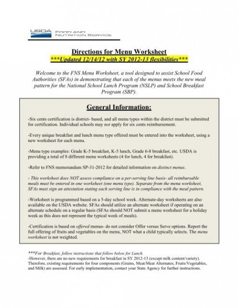 Directions For Menu Worksheet General Information