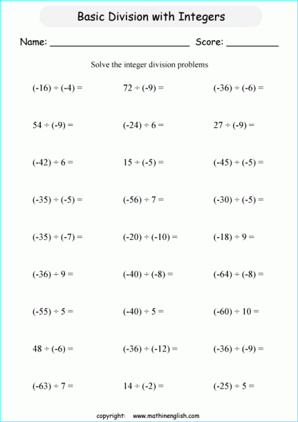 Division Of Basic Integers Printable Grade 6 Math Worksheet