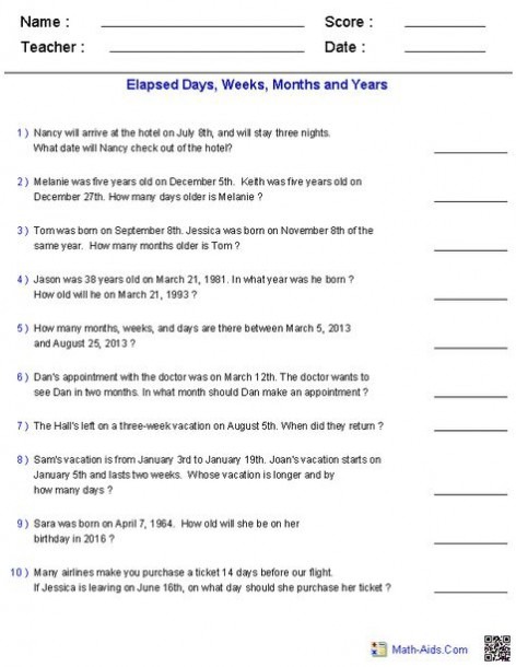 Dynamically Created Elapsed Dates Word Problems