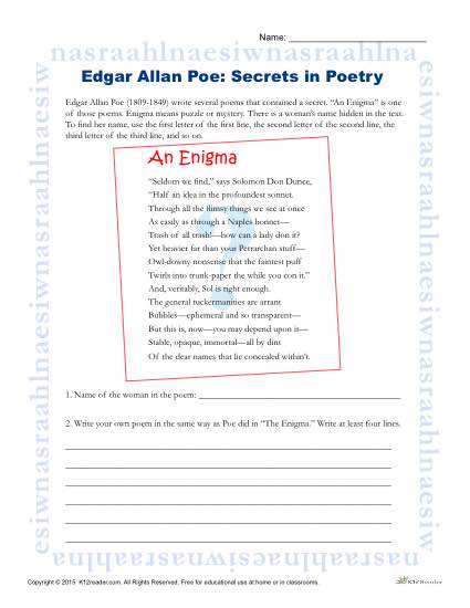 Edgar Allan Poe Reading Worksheet