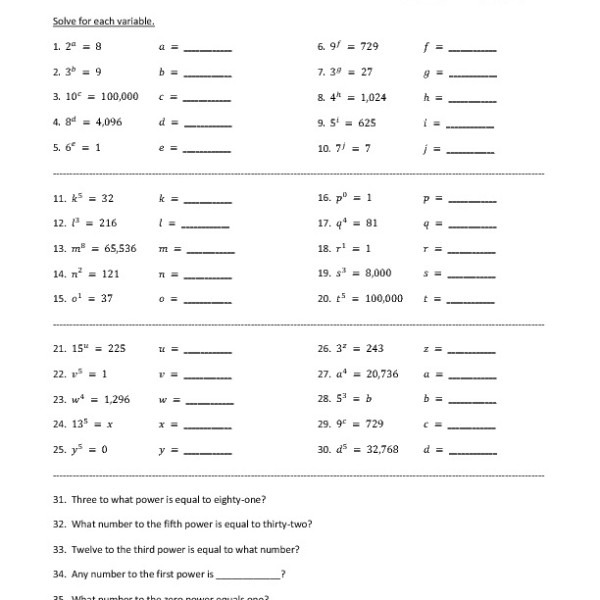Eighth Grade Evaluating Exponents Worksheet 05     One Page Worksheets