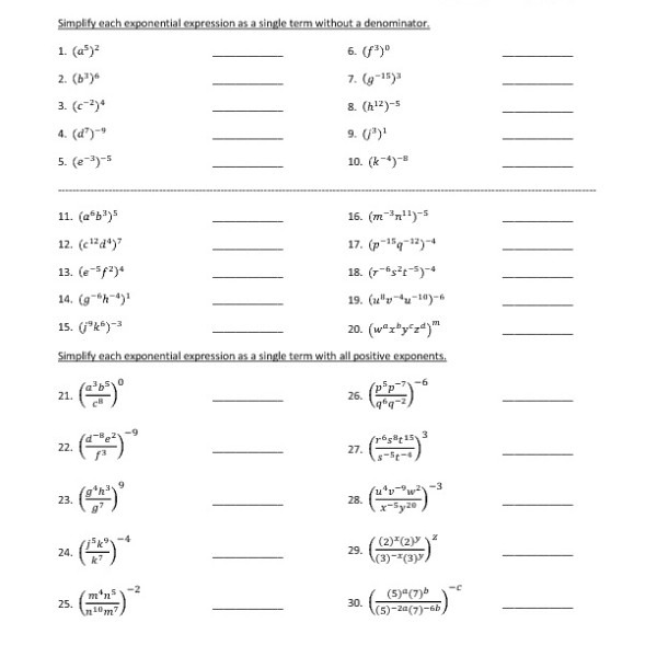 Eighth Grade Exponents To A Power Worksheet 05     One Page Worksheets