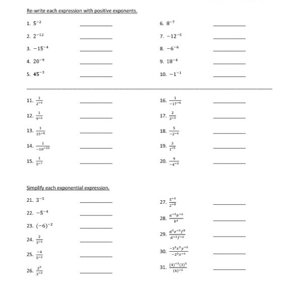 Eighth Grade Negative Exponents Worksheet 05     One Page Worksheets