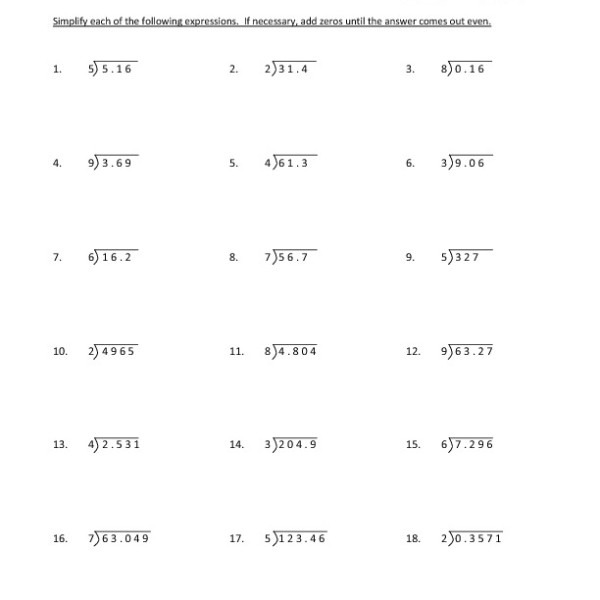 Fifth Grade Dividing With Decimals Worksheet 05     One Page Worksheets