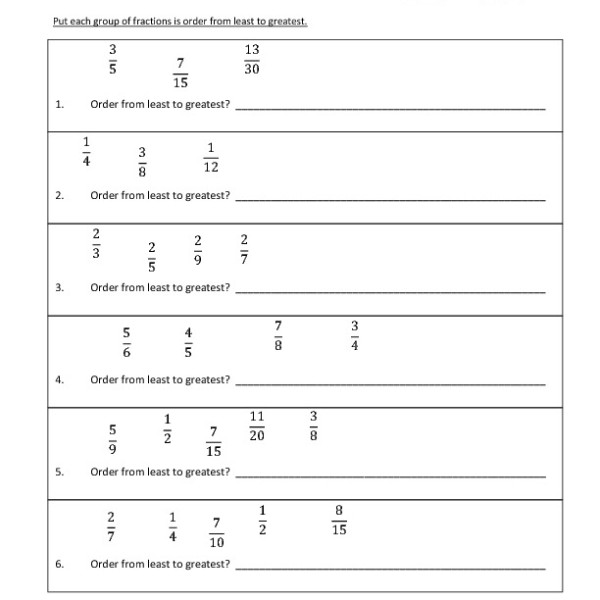 Fifth Grade Ordering Fractions Worksheet 07     One Page Worksheets