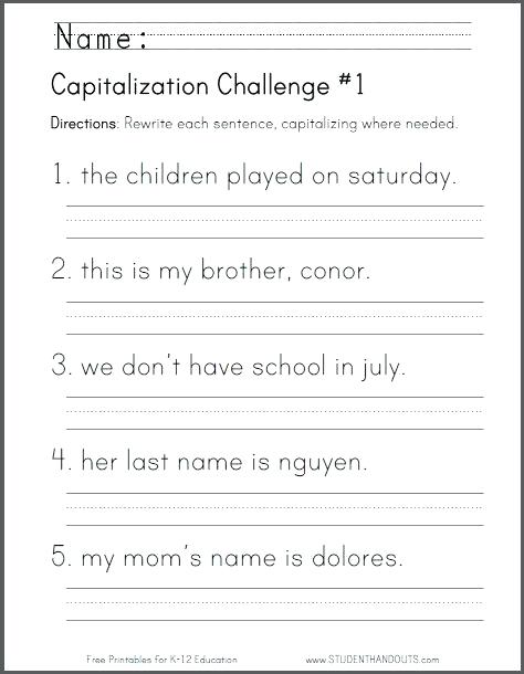 First Grade Sentence Correction Worksheets Capitalization