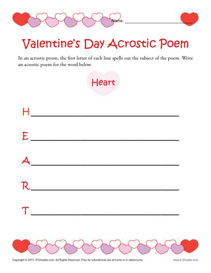 Free  Printable Valentine Acrostic Poem Worksheet