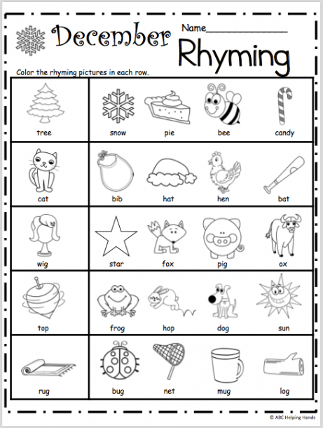Free Kindergarten Rhyming Worksheets For December