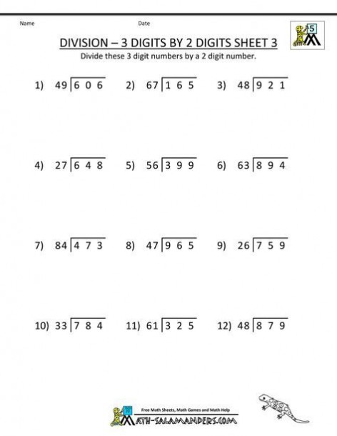 Free Printable Math Sheets Division 3 Digits By 2 Digits 3