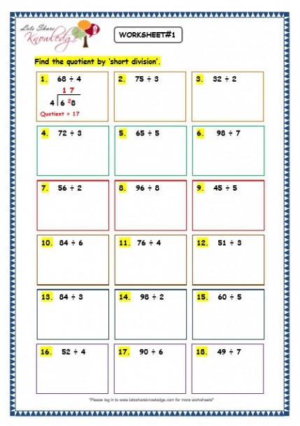 Grade 3 Maths Worksheets  Division  6 6 Short Division Without