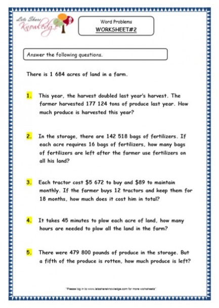 Grade 5 Maths Resources  Word Problems Printable Worksheets