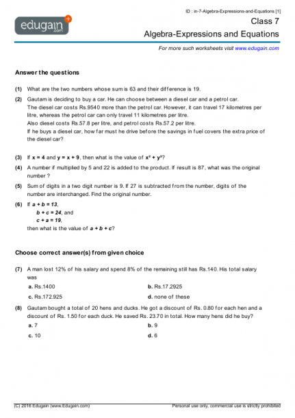 Grade 7 Math Worksheets And Problems  Algebra