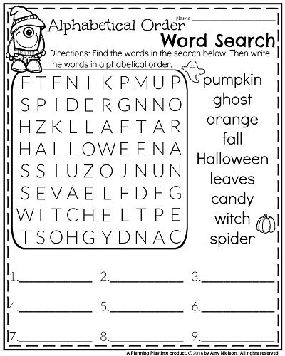 Halloween Word Search And Alphabetical Order Worksheet For First