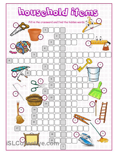 Household Items Crossword Puzzle Worksheet
