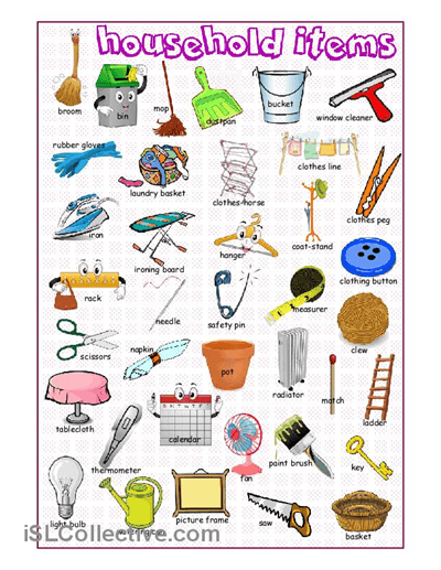 Household Items Picture Dictionary Worksheet
