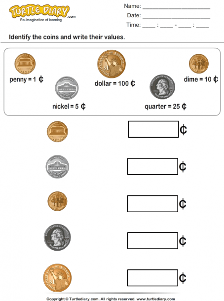 Identify Coins And Write Their Values Worksheet