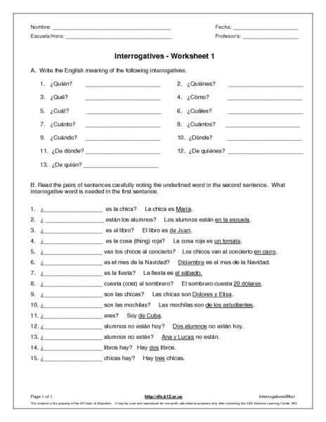 Interrogatives 6th 7th Grade Worksheet Lesson Pla