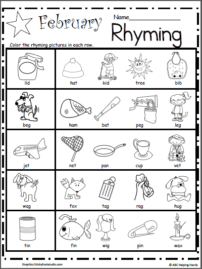Kindergarten Rhyming Worksheets For February