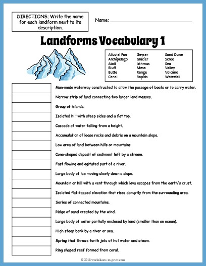 Landforms Vocabulary Worksheet 1