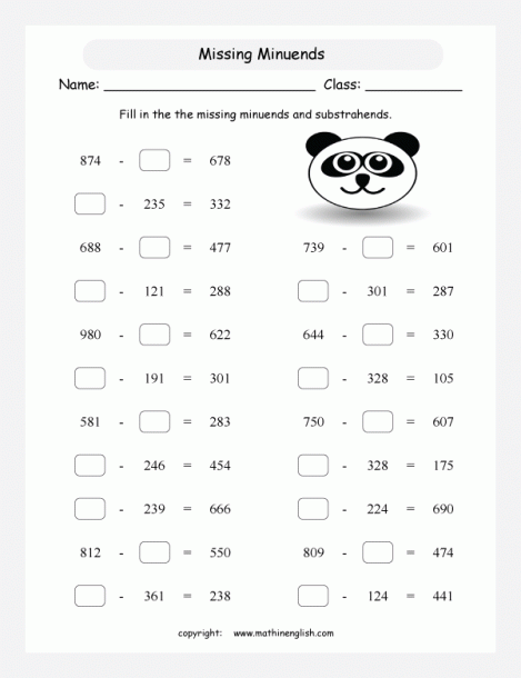 Missing Minuends Subtraction Printable Grade 3 Math Worksheet