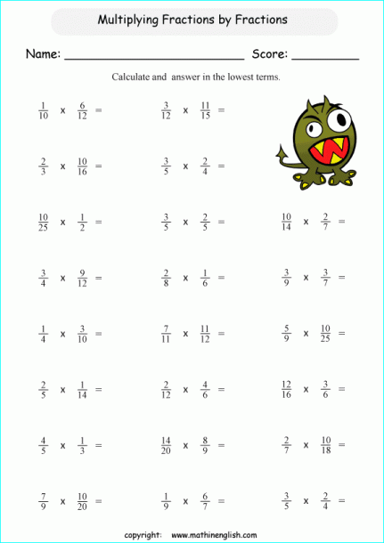Multiply Fractions By Fractions Printable Grade 6 Math Worksheet