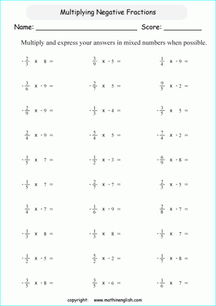 Multiply Negative Fractions Printable Grade 6 Math Worksheet