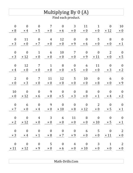 Multiplying  1 To 12  By 0  100 Questions