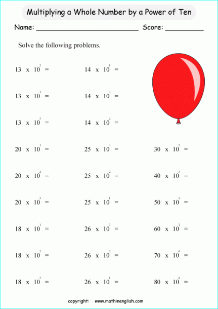 Multiplying Whole Numbers By Powers Of Ten Printable Grade 6 Math