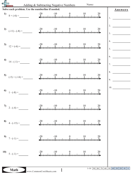 Negative Number Worksheets