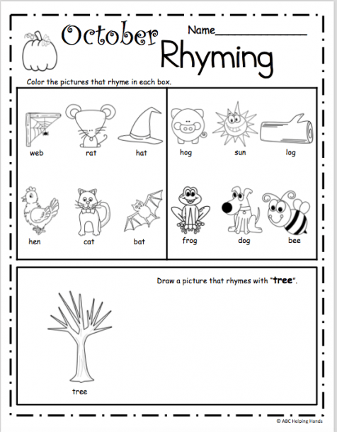 October Rhyming Worksheet For Kindergarten