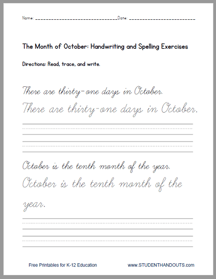 Print Or Cursive  October Handwriting Practice Sentences