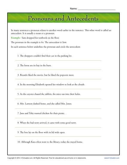 Pronoun Worksheets Middle School