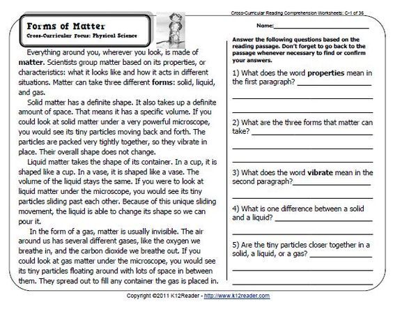 Properties Of Matter  Reading Comprehension Worksheets For 5th