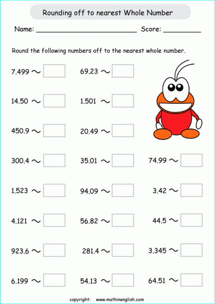 Round Decimals Off To The Nearest Whole Number Printable Grade 4