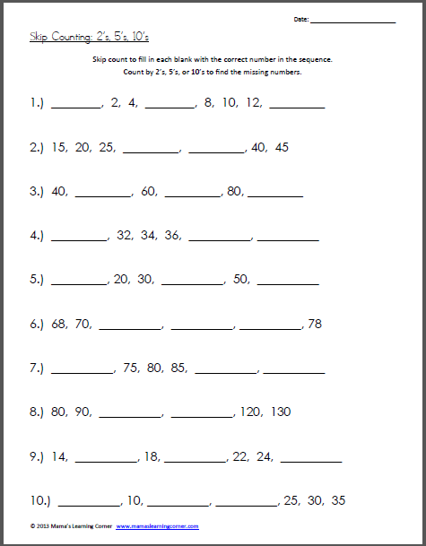 Skip Counting Worksheet  2s  5s  10s