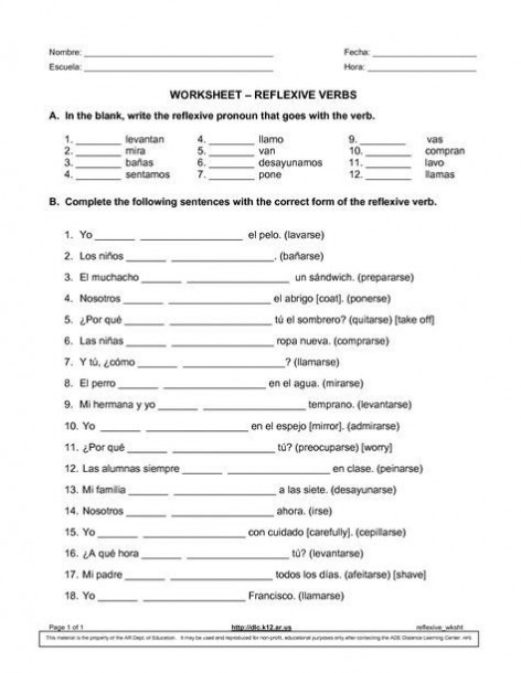 Spanish Reflexive Verbs Worksheet