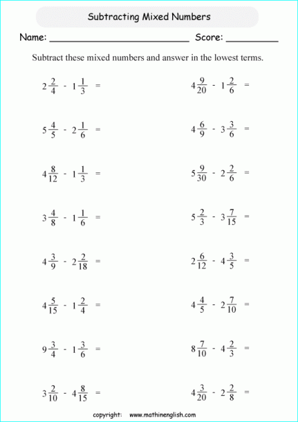 Subtract Mixed Numbers Fractions Printable Grade 6 Math Worksheet