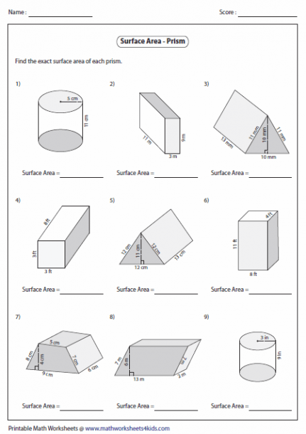 Surface Area Worksheet Surface Area Of Prisms  Level