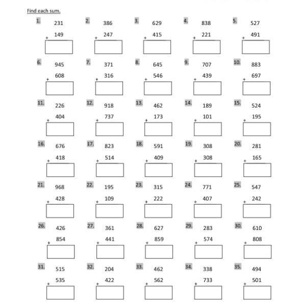 Third Grade Adding Three Digit Numbers Worksheet 05     One Page