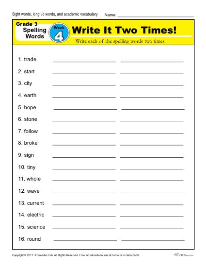 Third Grade Spelling Words List