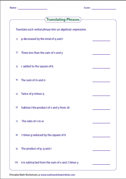 Translating Phrases Into Algebraic Expressions Worksheets