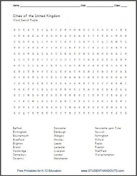 United Kingdom Cities And Towns Free Printable Word Search Puzzle